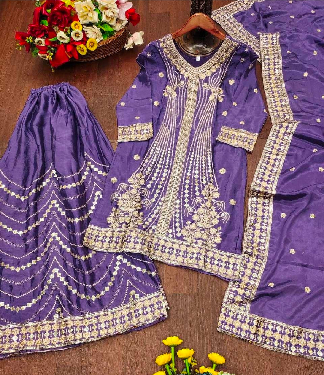 Purple kurti with flaired palazzo and dupatta set