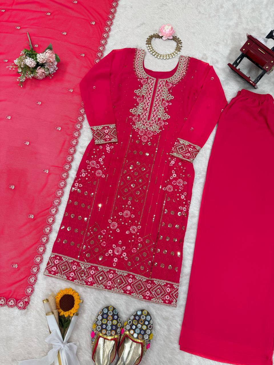 Pink kurti with palazzo and dupatta set
