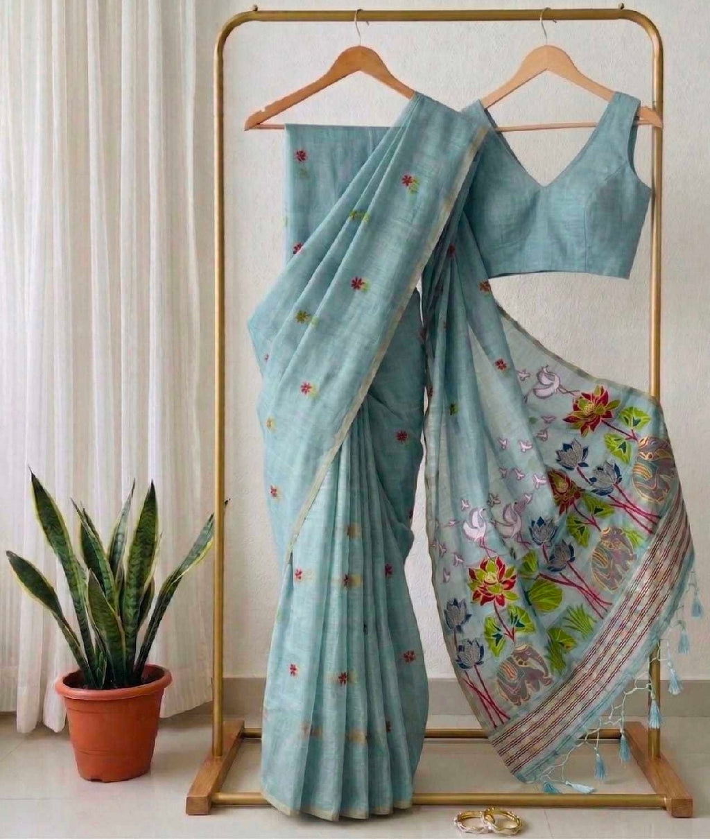 Blue cotton saree with blouse