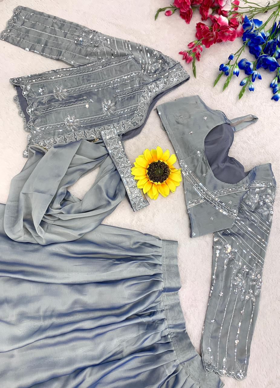 Grey silver ready to wear top with cape and lehenga set
