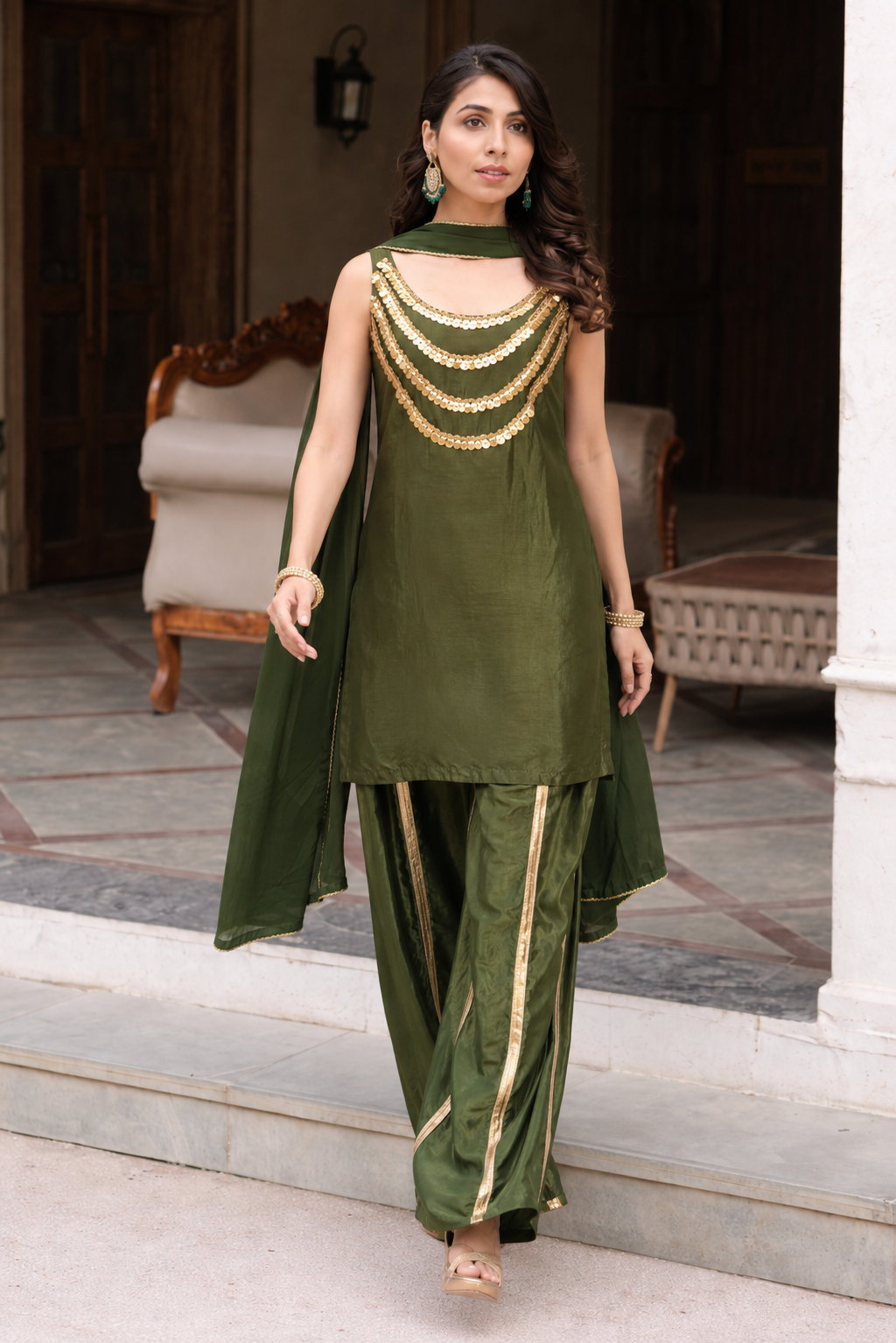 Green corset kurta with palazzo and dupatta