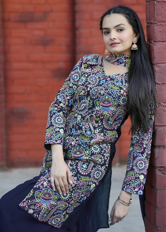 Blue front slit kurti with bottom and dupatta set