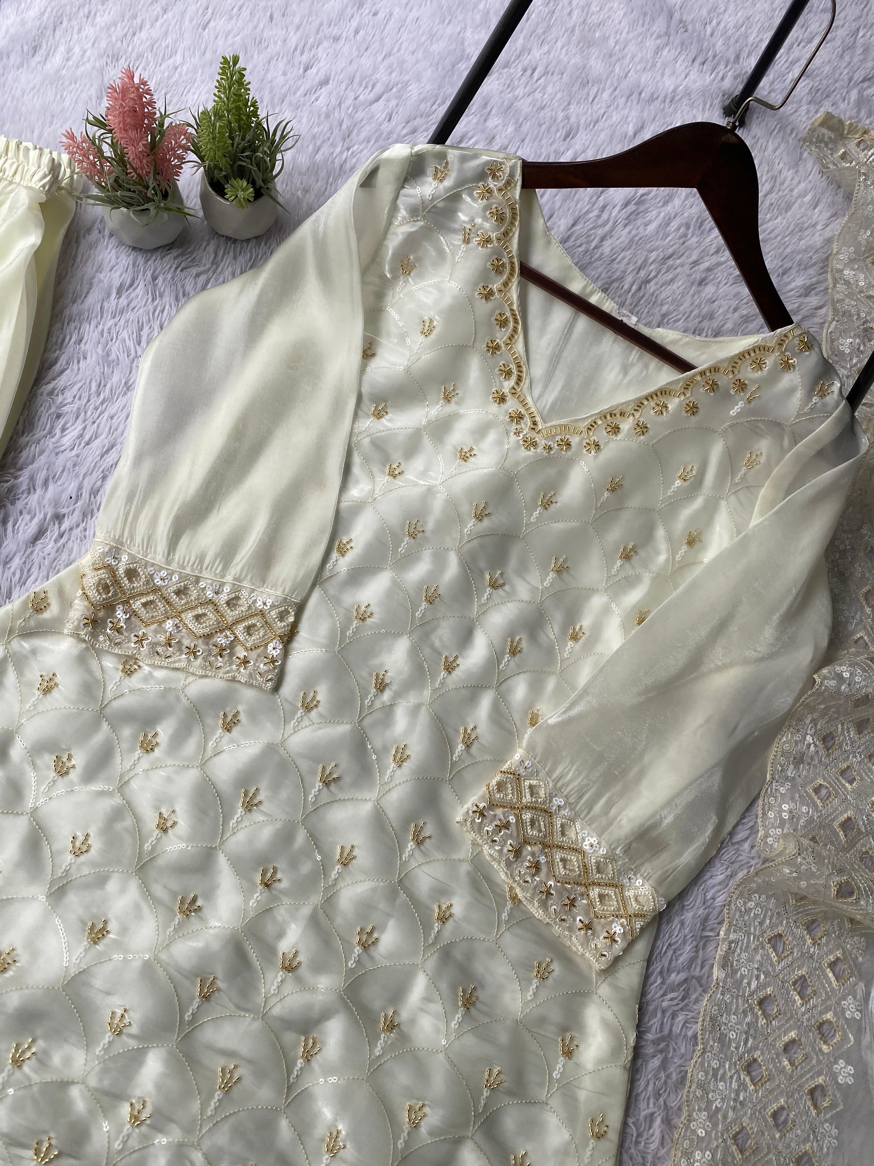 White pakistani kurti with palazzo and dupatta set